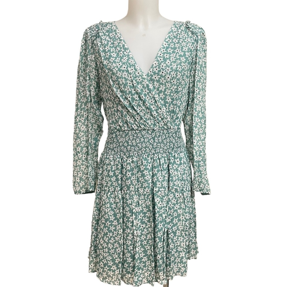 REBECCA TAYLOR GREEN DITSY FLORAL METALLIC PUFF LS SMOCKED MINI DRESS SZ 12 NEW